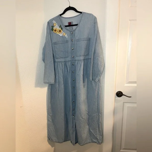 white christmas dresses Faded Denim Sunflowers Tailgater Dress (XS, S only) – SPIRIT DRESS main image 0